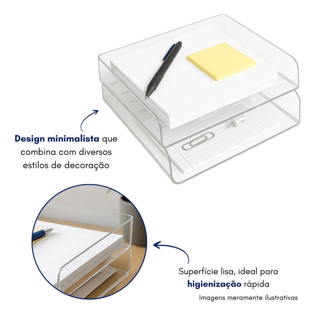 Kit 2 Acrílico Organizador A4 Box Arquivo Papel Caixa Empilhável Mesa Escritório Folhas