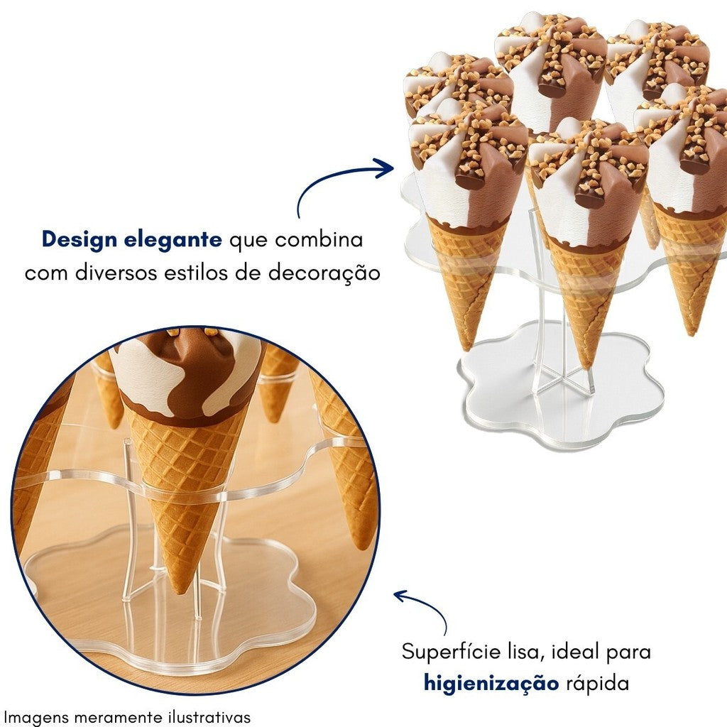 Suporte Expositor Temaki Sorvete Acrilico Cristal 6 Cones Redondo Estrela