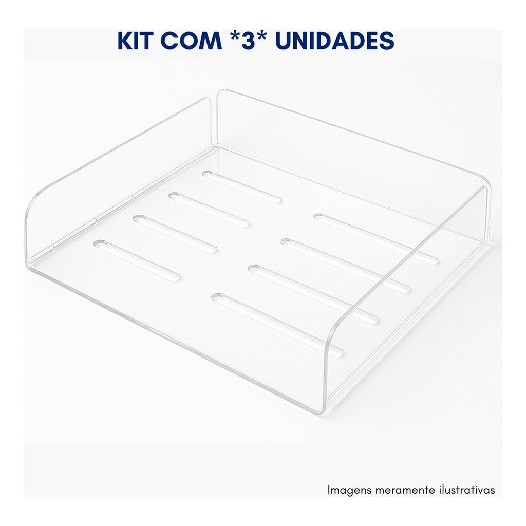 Kit 3 Organizador Arquivo Papel Escritorio Acrilico Folha A4 Caixa Box Empilhável Mesa