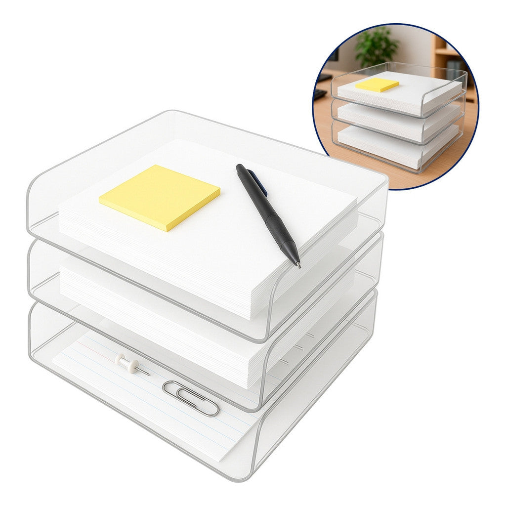 Kit 3 Organizador Arquivo Papel Escritorio Acrilico Folha A4 Caixa Box Empilhável Mesa