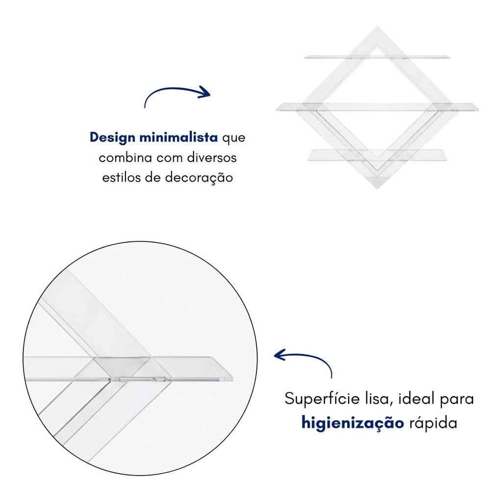 Prateleira Diamante Parede 3 Andares Expositor Decoração Minimalista Flutuante Organizador