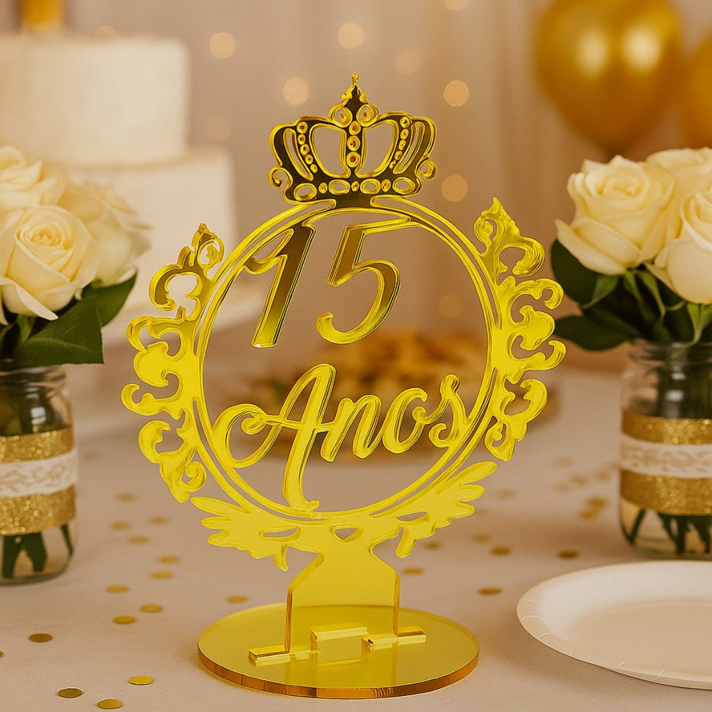 Kit 15 Topo Bolo Centro Mesa 15 Anos Festa Debutante Dourado Coroa Decoração Princesa