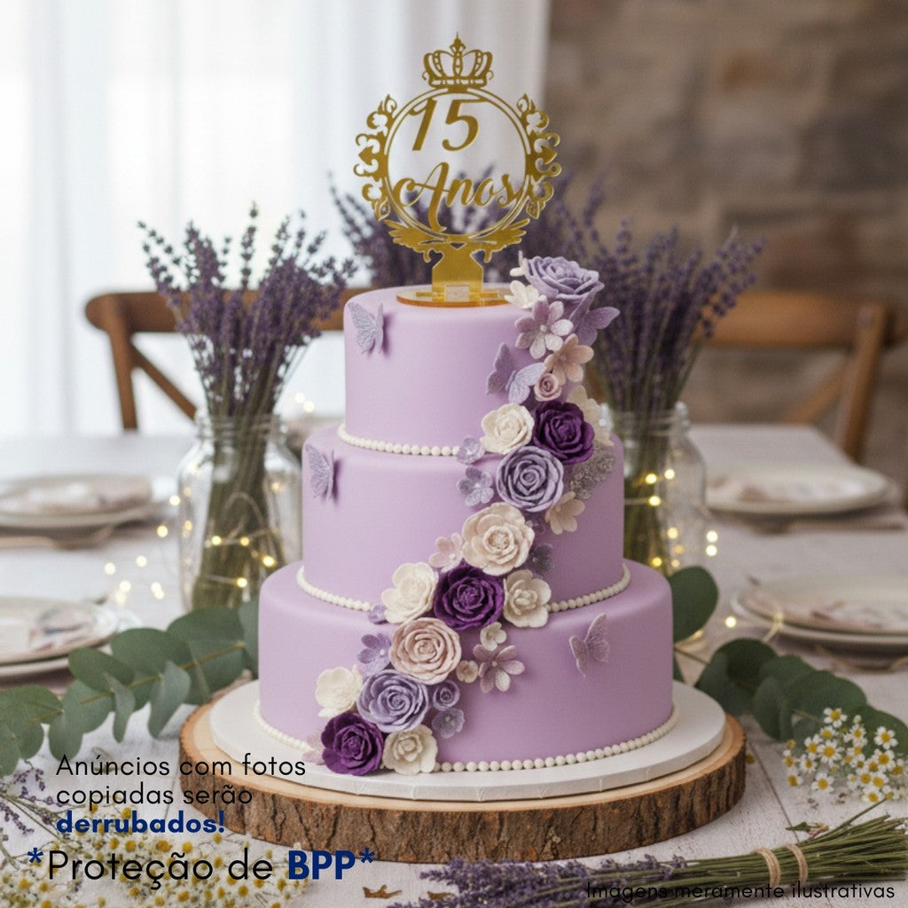 Kit 10 Topo Bolo Centro Mesa 15 Anos Festa Debutante Dourado Coroa Decoração Princesa