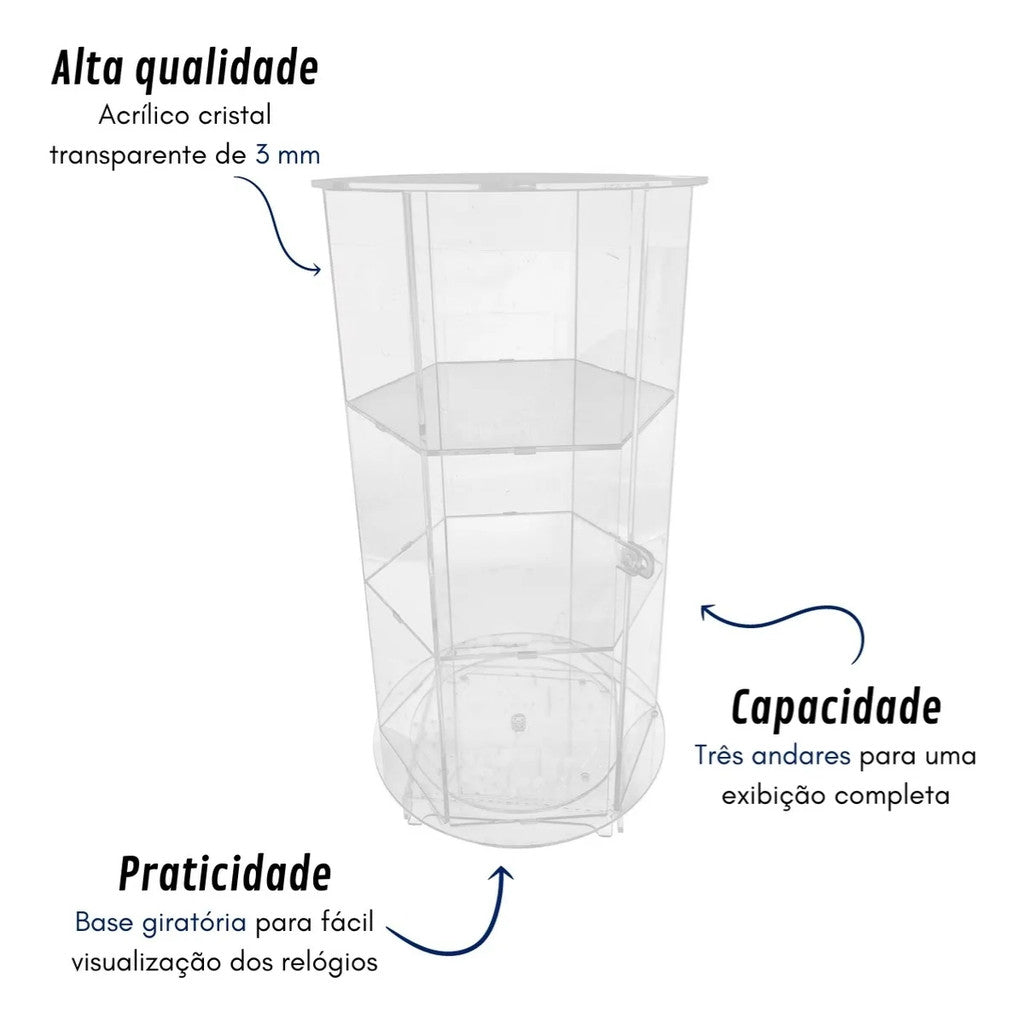 Expositor Giratório Relógios Acrílico Transparente 3 Andares