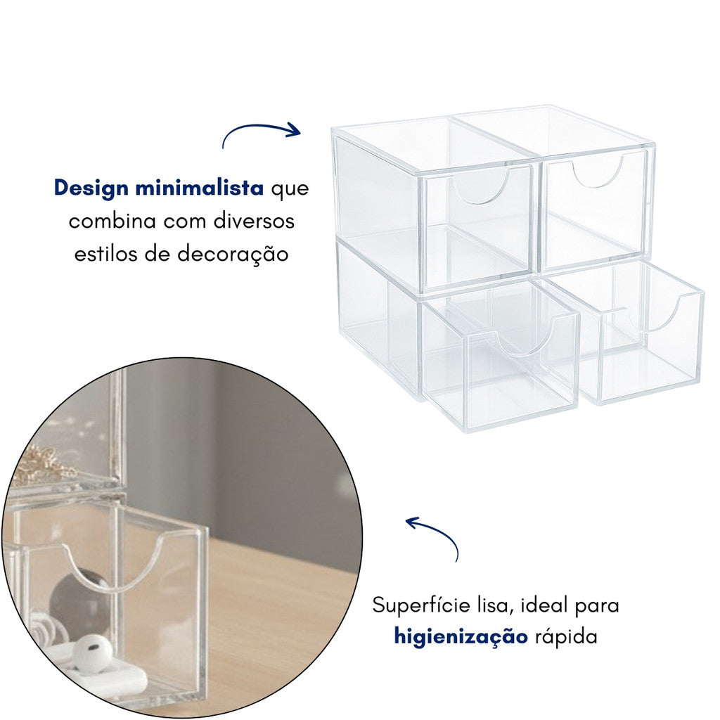 Caixa Objetos Acrilico Gaveta Kit 4 espacos