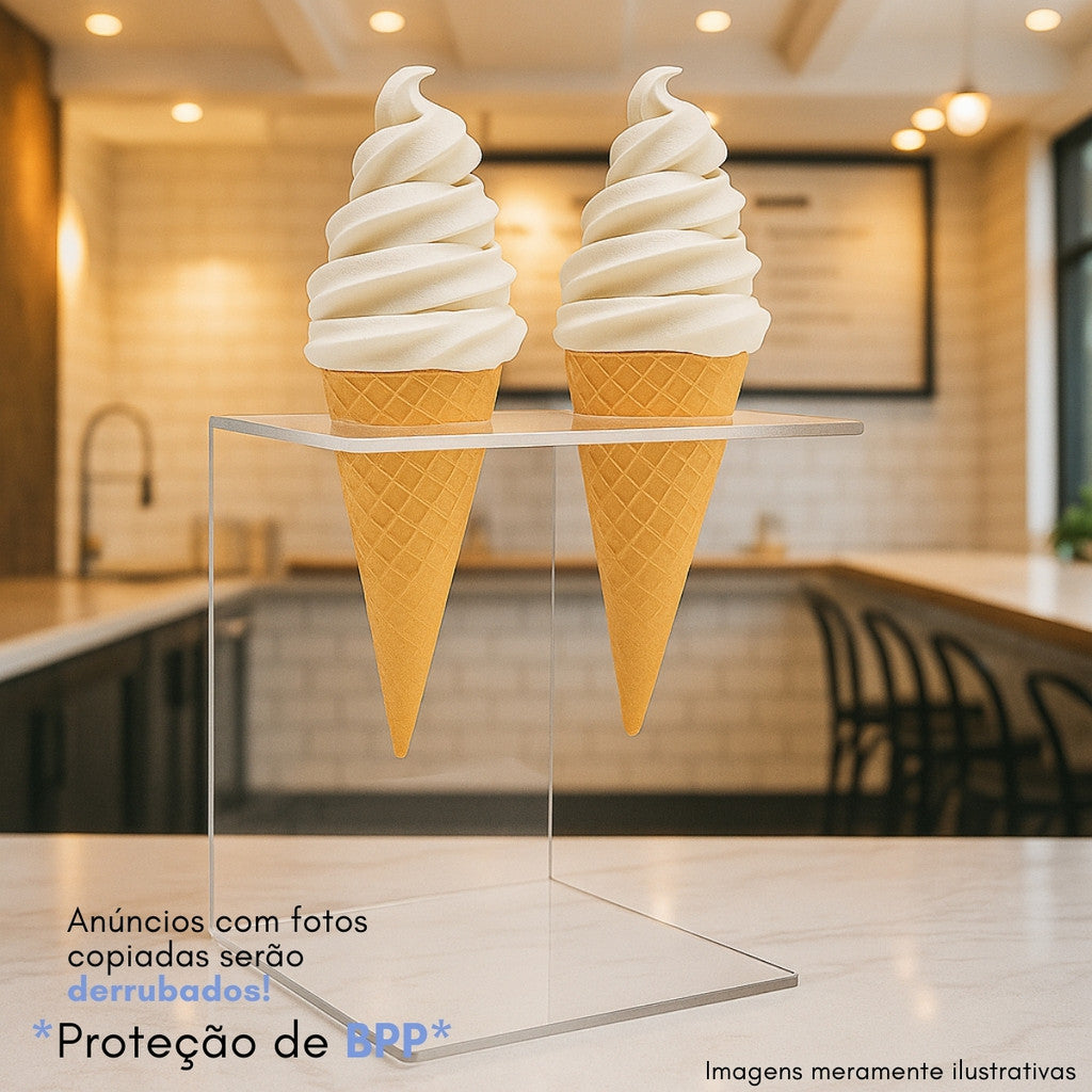 Suporte Expositor Temaki Casquinha Sorvete Acrilico Cristal 2 Cones Apoiador Aparador