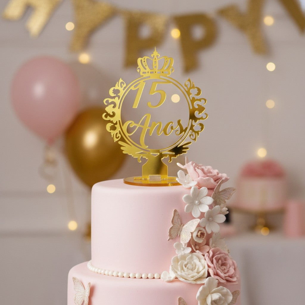 Kit 5 Topo Bolo Centro Mesa 15 Anos Festa Debutante Dourado Coroa Decoração Princesa