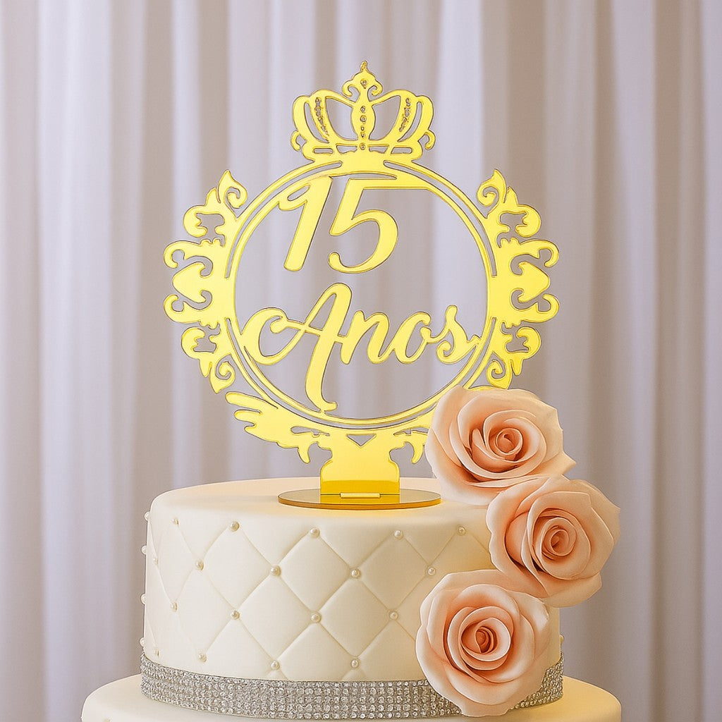 Kit 10 Topo Bolo Centro Mesa 15 Anos Festa Debutante Dourado Coroa Decoração Princesa
