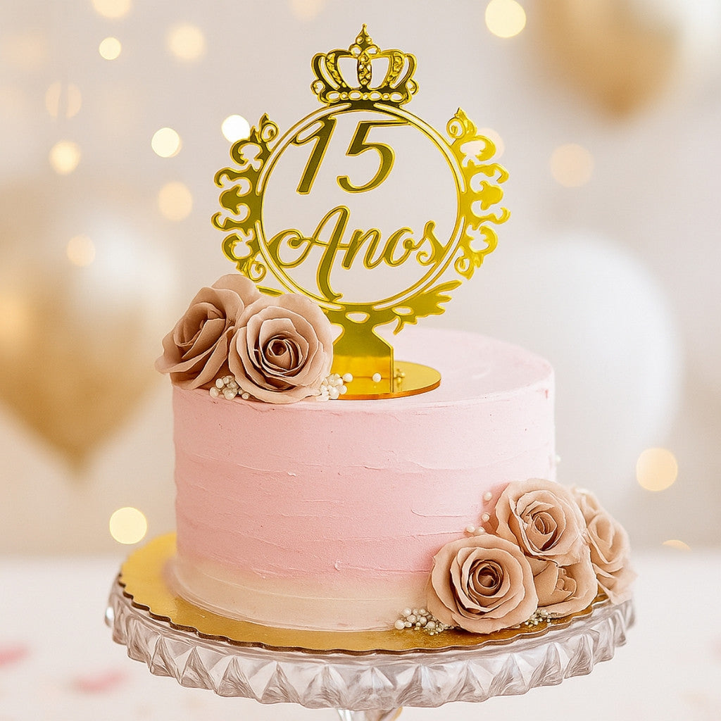 Kit 10 Topo Bolo Centro Mesa 15 Anos Festa Debutante Dourado Coroa Decoração Princesa