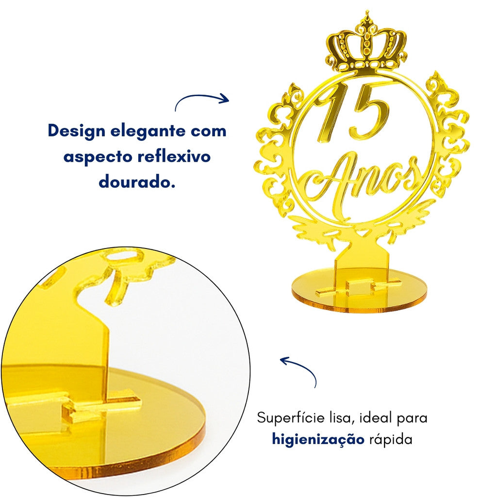 Kit 10 Topo Bolo Centro Mesa 15 Anos Festa Debutante Dourado Coroa Decoração Princesa