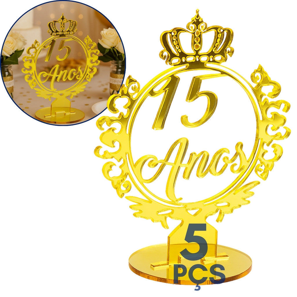 Kit 5 Topo Bolo Centro Mesa 15 Anos Festa Debutante Dourado Coroa Decoração Princesa
