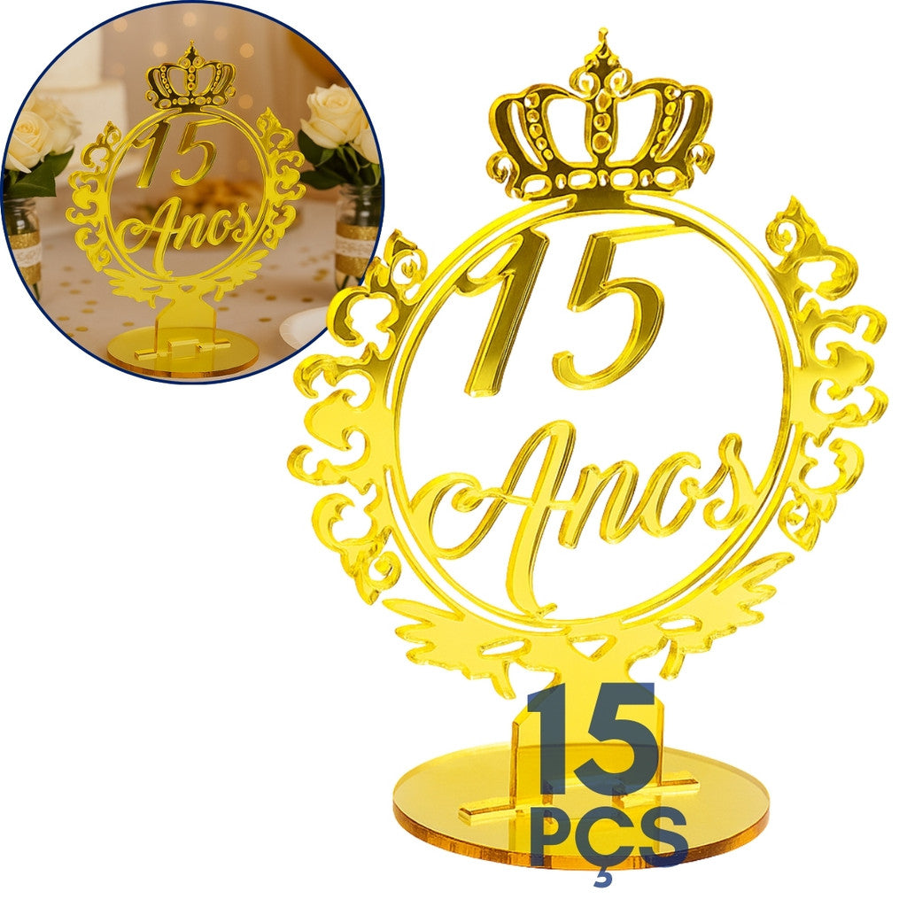 Kit 15 Topo Bolo Centro Mesa 15 Anos Festa Debutante Dourado Coroa Decoração Princesa