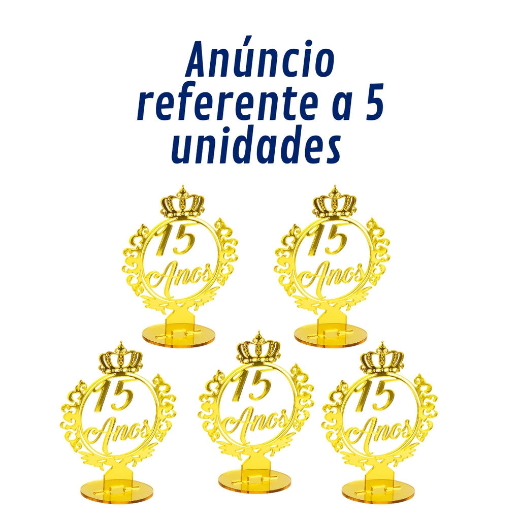 Kit 5 Topo Bolo Centro Mesa 15 Anos Festa Debutante Dourado Coroa Decoração Princesa