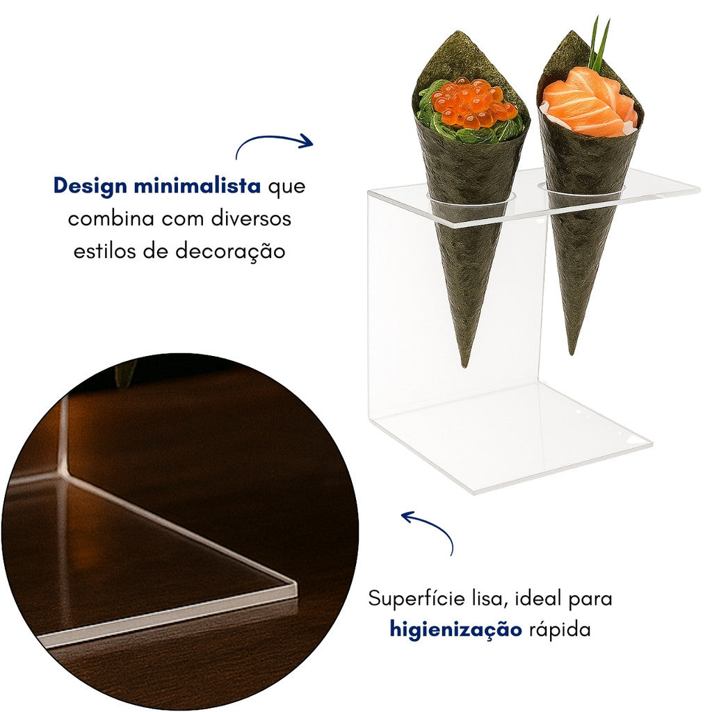 Suporte Expositor Temaki Casquinha Sorvete Acrilico Cristal 2 Cones Apoiador Aparador