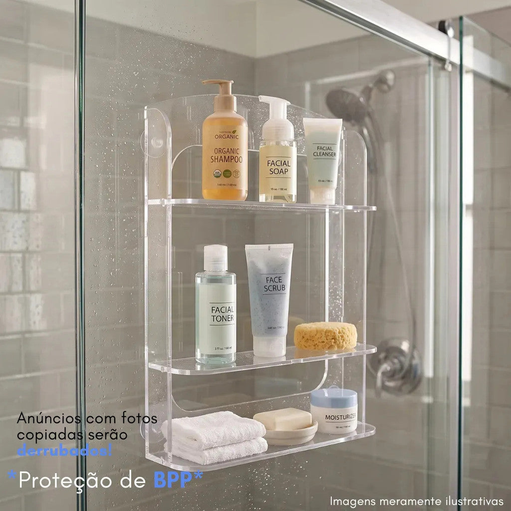 Organizador Shampoo Banheiro Box Ventosa Três Prateleiras Suporte Transparente Parede Sem Furos Higiene Cosméticos Condicionador Sabonete Esponja