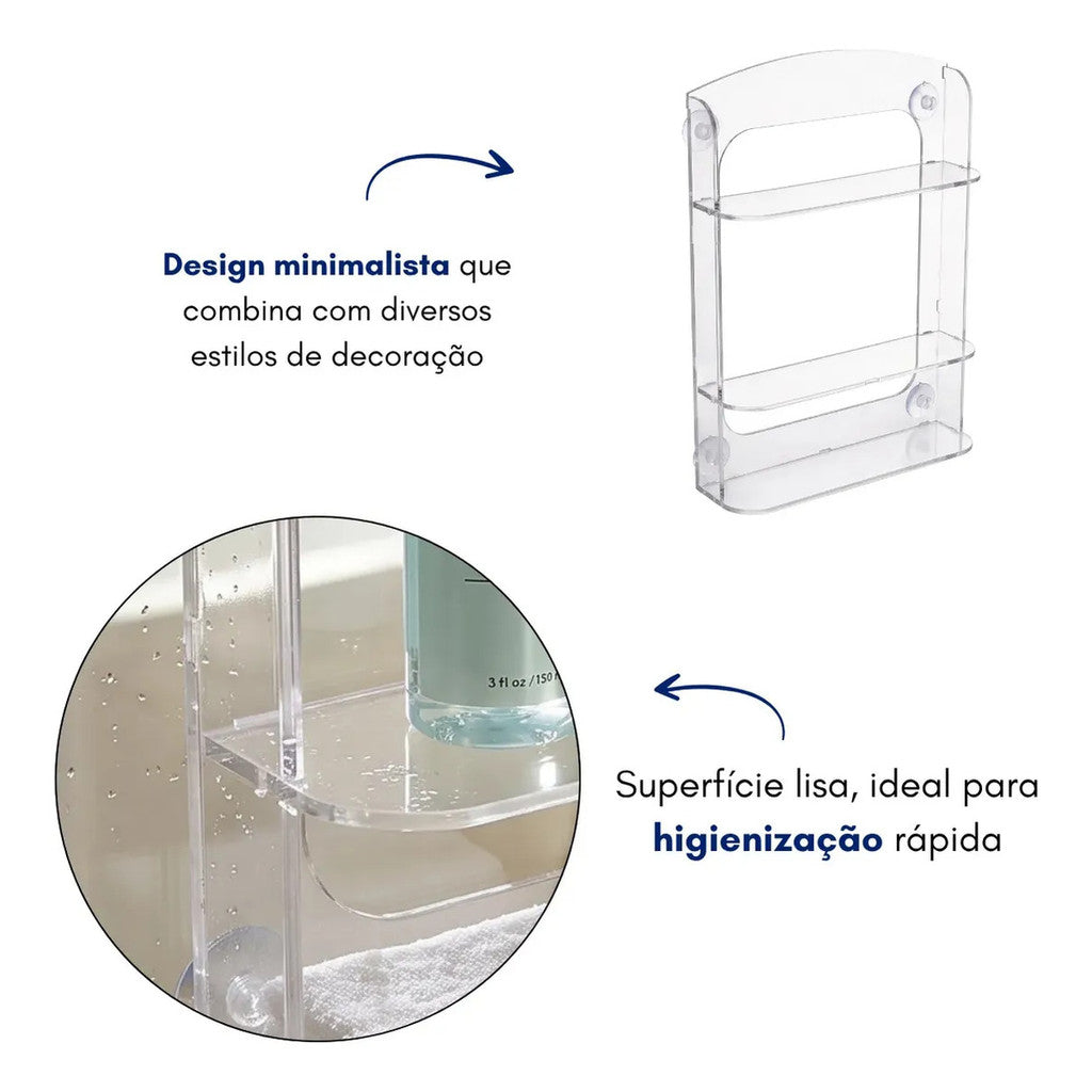 Organizador Shampoo Banheiro Box Ventosa Três Prateleiras Suporte Transparente Parede Sem Furos Higiene Cosméticos Condicionador Sabonete Esponja