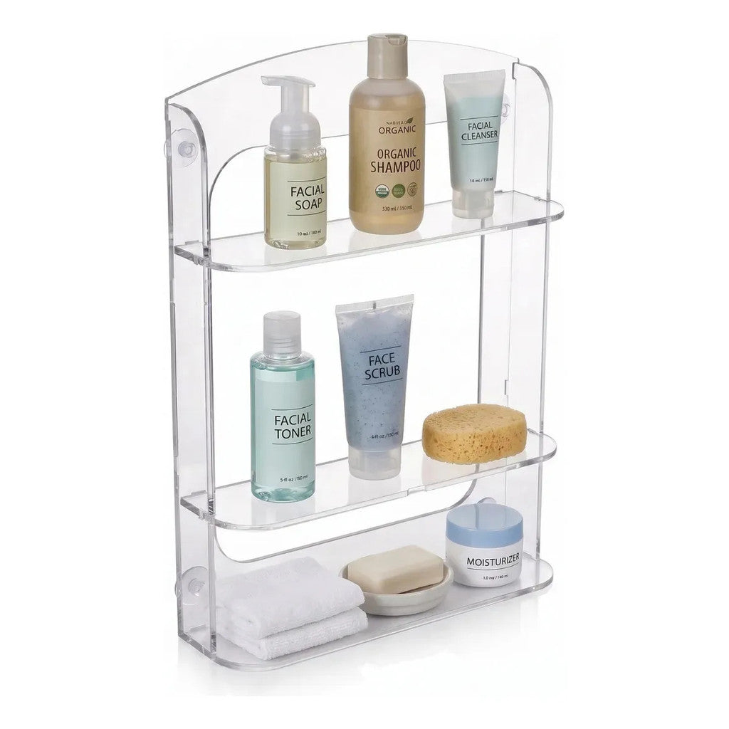 Organizador Shampoo Banheiro Box Ventosa Três Prateleiras Suporte Transparente Parede Sem Furos Higiene Cosméticos Condicionador Sabonete Esponja