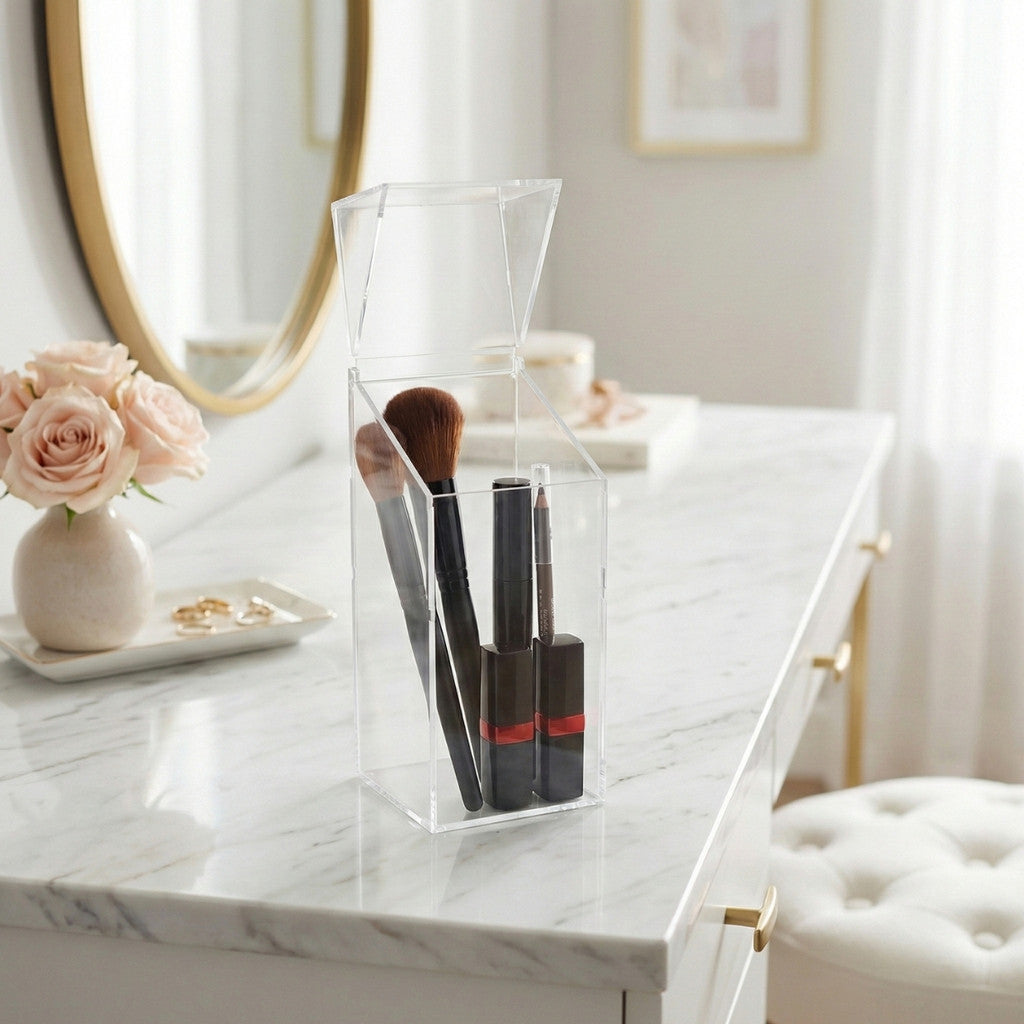 Organizador Maquiagem Porta Pincel Tampa Suporte Penteadeira Cosmético Estojo Batom Caixa