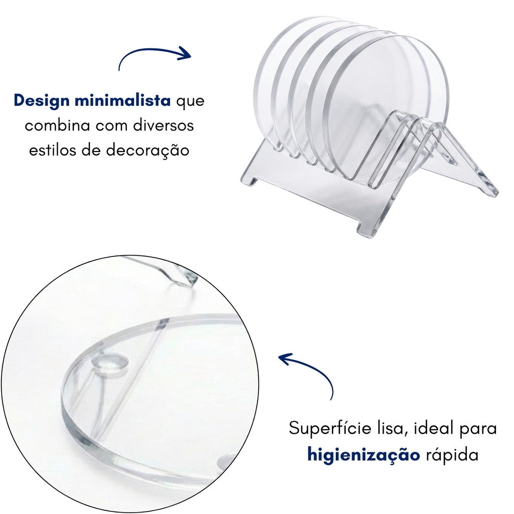 Jogo 6 Bolachas Porta Copo Acrílico Redondo Suporte