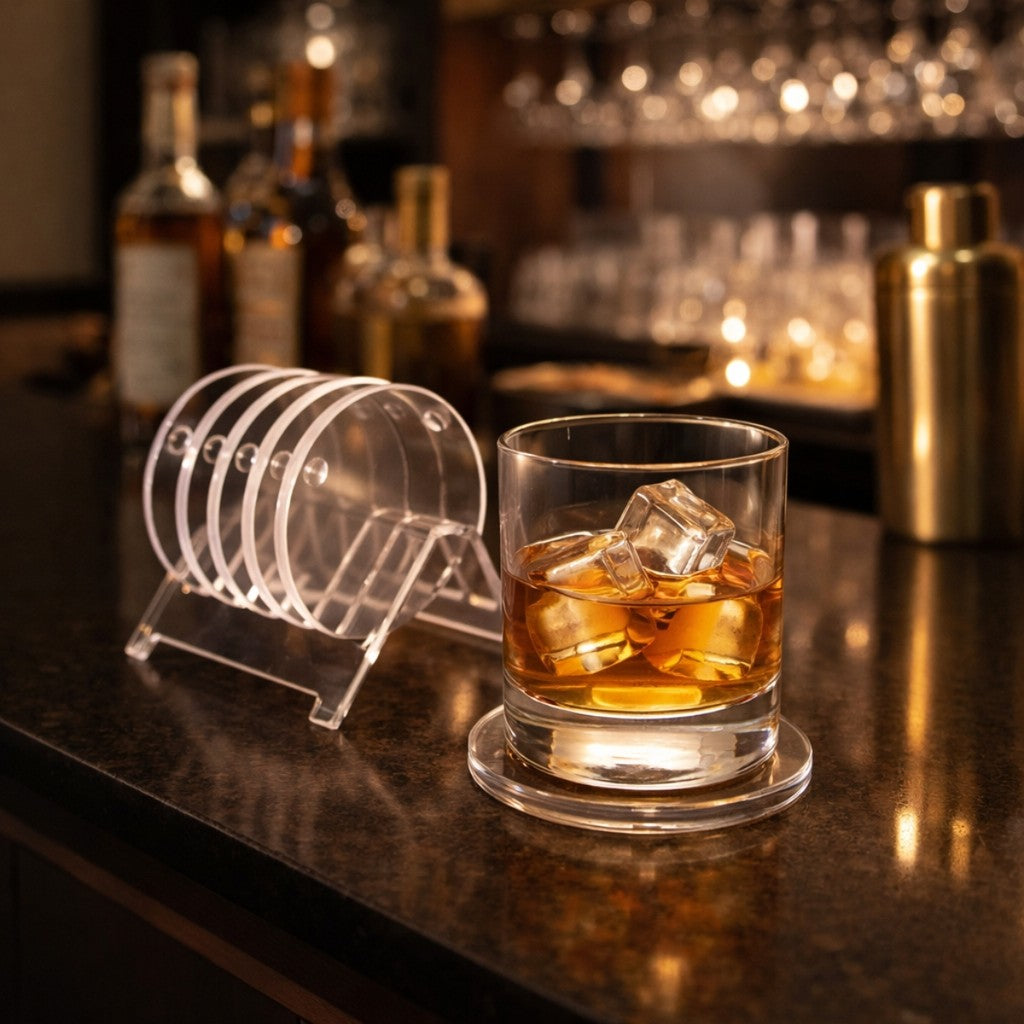 Jogo 6 Bolachas Porta Copo Acrílico Redondo Suporte