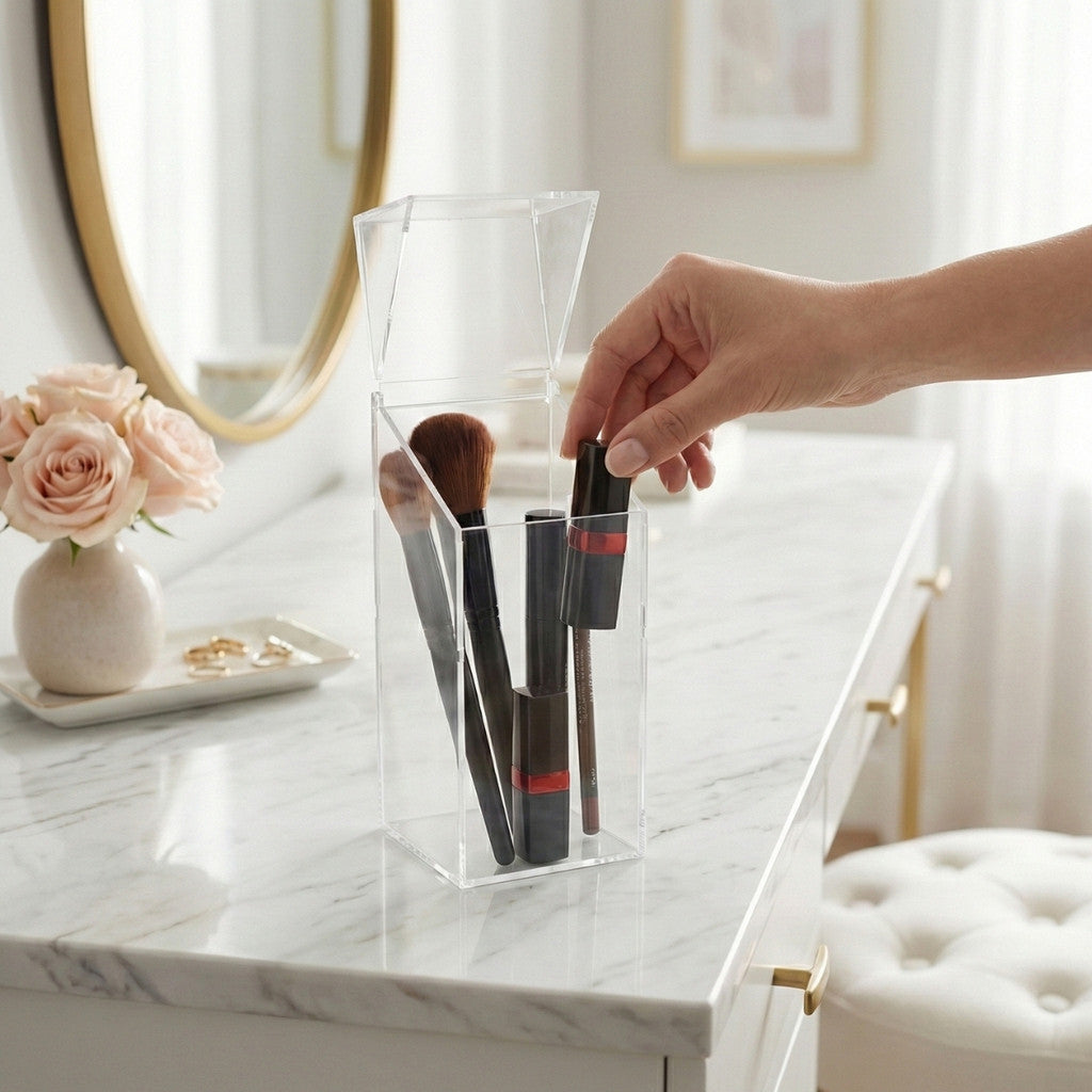 Organizador Maquiagem Porta Pincel Tampa Suporte Penteadeira Cosmético Estojo Batom Caixa